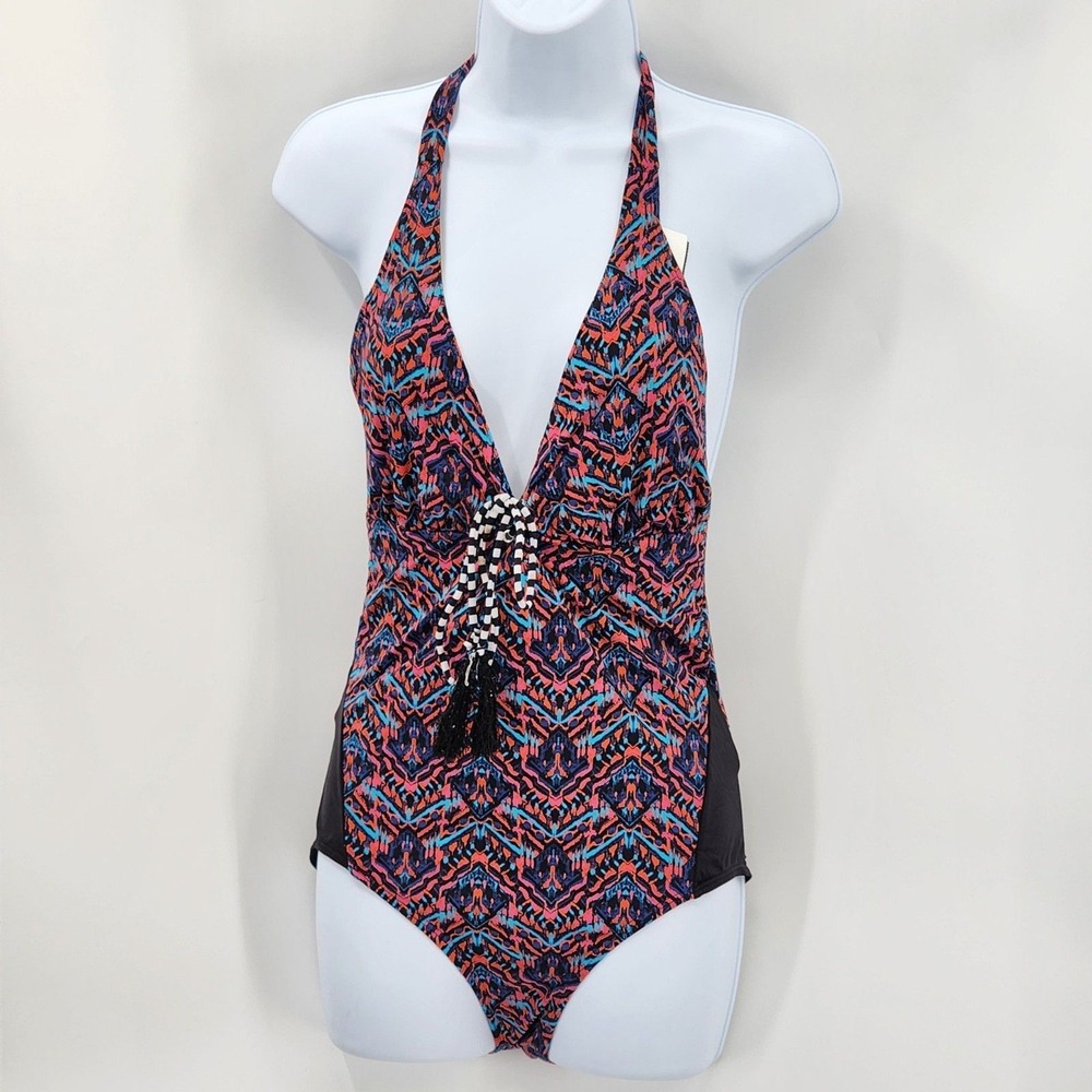 Tart Swim Black One Piece Swimsuit Beach Vacation Goth Halter Floral Y2K VTG XS